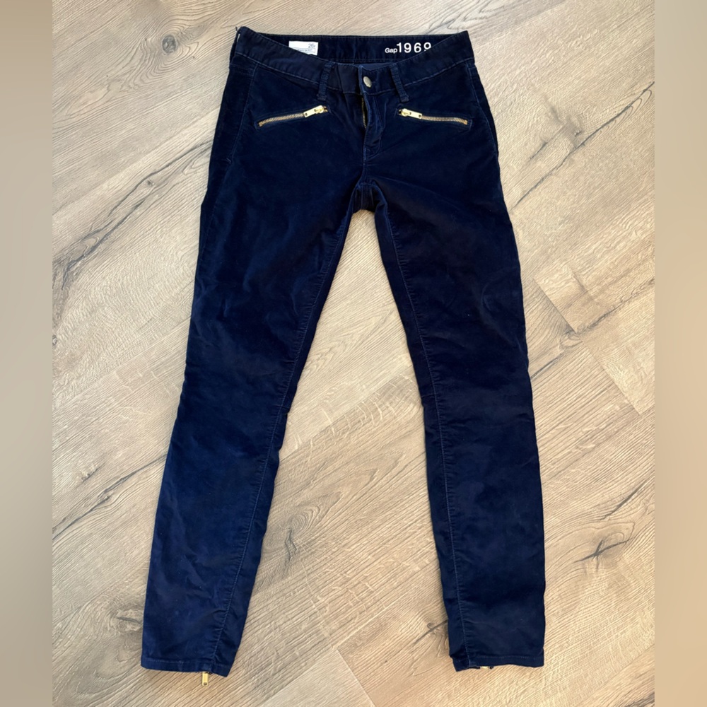 GAP 1969 Dark Blue Velvet Skinny Pants with Gold Zippers